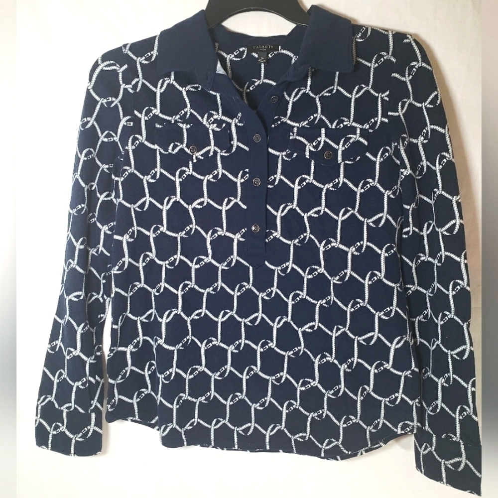 Talbot's Navy and White Long Sleeve Nautical Coastal Polo Shirt Sz SP